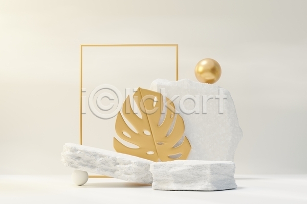 사람없음 3D JPG 포토 해외이미지 금색 단상 디자인 무대 백그라운드 사각프레임 세트 식물 열대잎 오브젝트 원형 장식 추상 컨셉 포디움 흰색