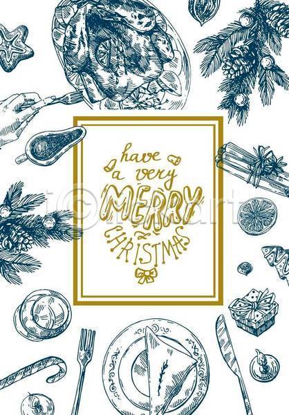 사람없음 EPS 일러스트 해외이미지 나뭇잎 선물상자 솔방울 스케치 식기 장식 접시 칠면조 크리스마스 포크