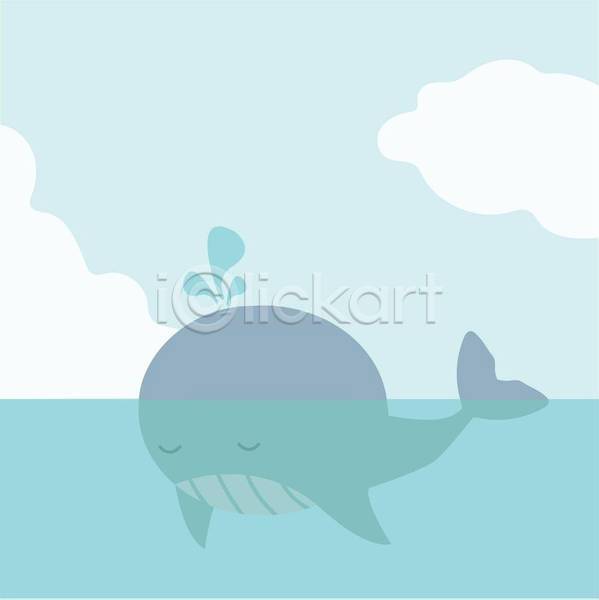 사람없음 EPS 일러스트 해외이미지 고래 구름(자연) 눈감음 물뿜기 바다 하늘색 한마리