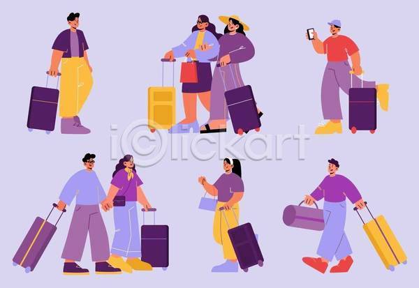 남자 성인 성인만 여자 EPS 일러스트 해외이미지 가방 들기 모자(잡화) 보라색 스마트폰 여행 여행가방 여행객 캐리어