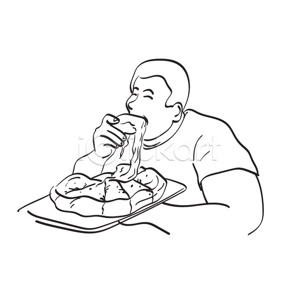 남자 성인 성인남자한명만 한명 JPG 라인일러스트 일러스트 포토 해외이미지 들기 라이프스타일 라인아트 먹기 비만 상반신 손그림 식사 피자