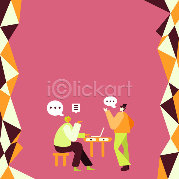 성인 성인만 여자 JPG 포토 해외이미지 노트북 대화 디자인 말풍선 백그라운드 분홍색 비즈니스 비즈니스맨 서기 손들기 앉기 얼굴없음 의자 전신 카피스페이스 탁자 프레임