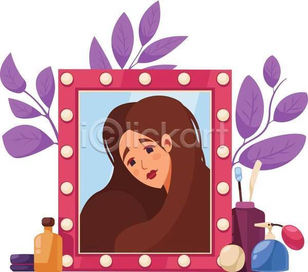 화려 성인 성인여자한명만 여자 한명 EPS 일러스트 해외이미지 거울 뷰티 얼굴 잎 향수 화장품