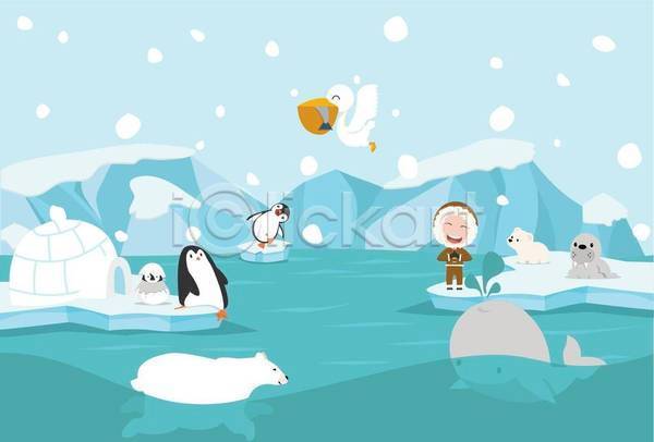 귀여움 남자 사람없음 소년 소년한명만 어린이 한명 EPS 일러스트 해외이미지 고래 남극 눈(날씨) 물개 북극곰 빙하 서기 알 여러마리 이글루 전신 펠리컨 펭귄 펭귄캐릭터