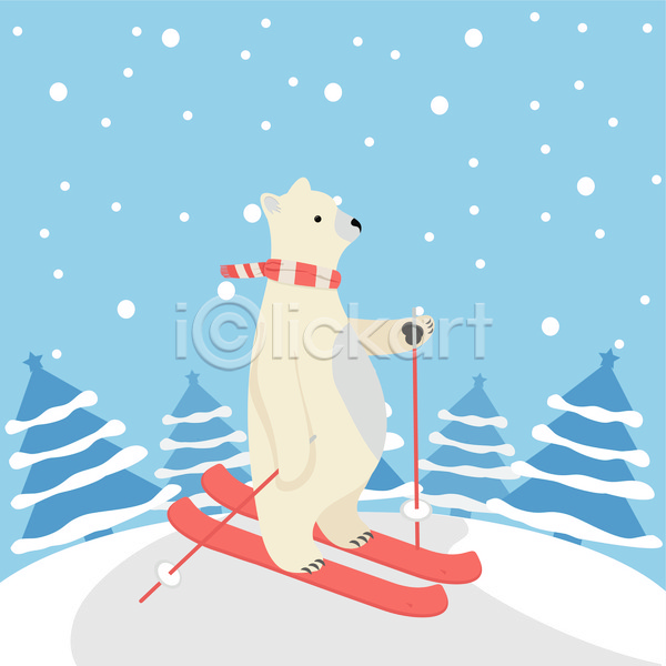 사람없음 JPG 일러스트 포토 해외이미지 곰 나무 눈내림 목도리 북극곰 스키 하늘색 한마리