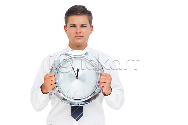 20대 남자 백인 한명 JPG 포토 해외이미지 넥타이 마감 보여주기 비즈니스맨 시간 시계 응시 잡기 컨셉 해외202004 흰배경