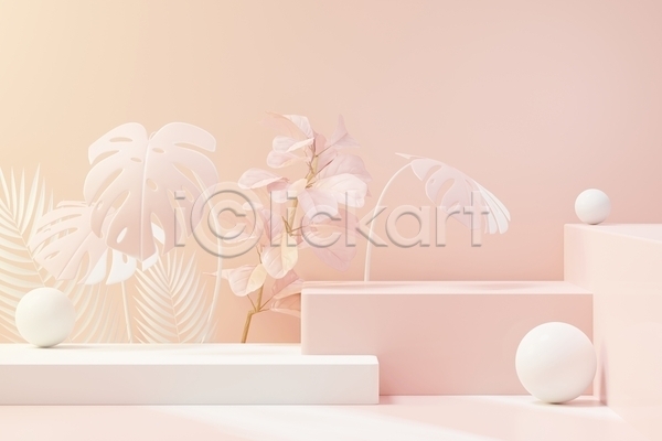 사람없음 3D JPG 포토 해외이미지 단상 디자인 무대 백그라운드 분홍색 세트 식물 열대잎 오브젝트 원형 잎 장식 추상 컨셉 파스텔톤 포디움