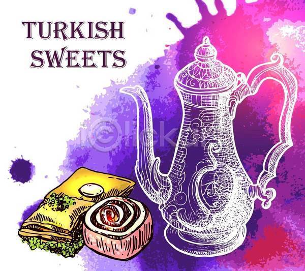 사람없음 EPS 일러스트 해외이미지 디자인 디저트 로쿰 바클라바 차(음료) 찻주전자 터키음식