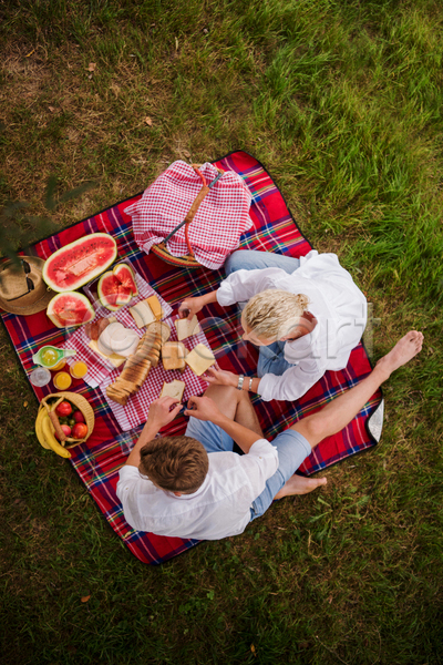 함께함 행복 휴식 남자 두명 성인 성인만 여자 JPG 포토 하이앵글 해외이미지 공원 돗자리 들기 라이프스타일 소풍 소풍바구니 식빵 앉기 야외 주간 커플