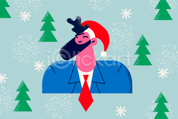 즐거움 행복 남자 성인 성인남자한명만 한명 JPG 일러스트 해외이미지 비즈니스맨 산타모자 산타클로스 상반신 웃음 크리스마스 크리스마스트리 턱수염