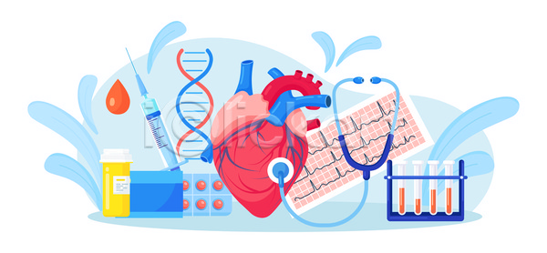 사람없음 JPG 일러스트 해외이미지 DNA 건강 건강관리 바이탈사인 시험관 심장 심장병 심장질환 알약 약병 잎 주사기 청진기 하늘색 해외일러스트 혈액