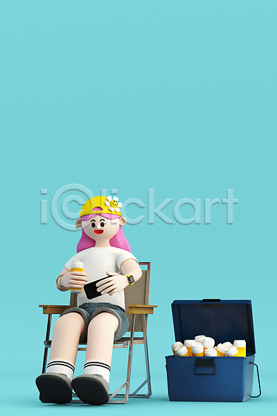 성인 성인여자한명만 여자 한명 3D PSD 디지털합성 편집이미지 3D캐릭터 그레이스 꽃 담기 들기 맥주 모자(잡화) 스마트폰 아이스박스 앉기 월간캐릭터 응시 전신 캔맥주 캠핑 캠핑의자 캠핑족 편집 편집소스 하늘색