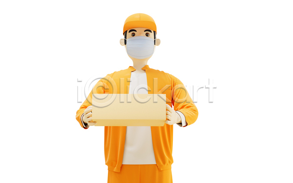 남자 성인 성인남자한명만 한명 3D JPG 포토 해외이미지 3D캐릭터 들기 마스크 모자(잡화) 배달원 상반신 서비스 유니폼 택배기사 택배상자