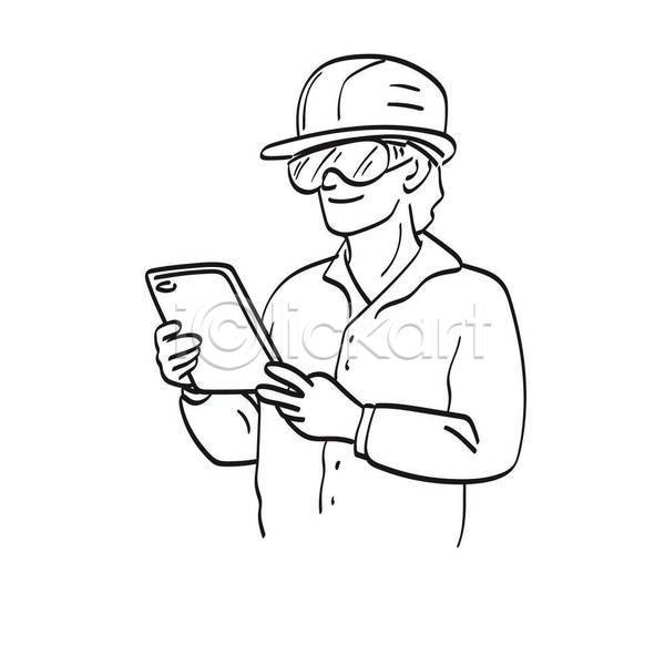 남자 성인 성인남자한명만 한명 EPS 라인일러스트 일러스트 해외이미지 건축업자 노동자 들기 디자인 라인아트 보안경 산업 상반신 손그림 안전모 엔지니어 태블릿