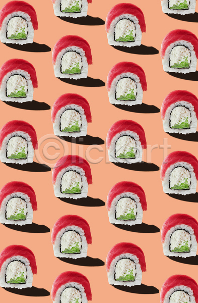신선 사람없음 JPG 포토 하이앵글 해외이미지 누드김밥 백그라운드 슬라이스 오이 주황색배경 참치 크림치즈 패턴