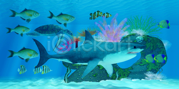 사람없음 3D JPG 일러스트 포토 해외이미지 그룹 그림 동물 물 바다 바닷속 상어 생물 소금물 수영 수중 아네모네 암초 야생동물 어류 육식동물 자연 종류 초식동물 치아 태평양 학교 해외일러스트