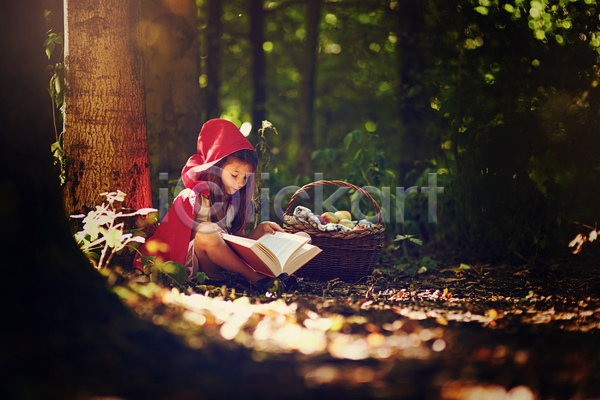 서양인 소녀(어린이) 소녀한명만 어린이 여자 한명 JPG 소프트포커스 옆모습 포토 해외이미지 독서 동화 바구니 빨간망토 숲속 앉기 야외 전신 주간 책 햇빛