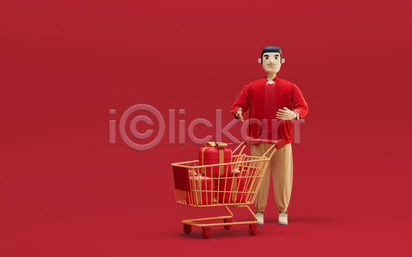 남자 성인 성인남자한명만 한명 3D JPG 포토 해외이미지 3D캐릭터 담기 빨간색 선물 선물상자 손들기 쇼핑 쇼핑카 전신
