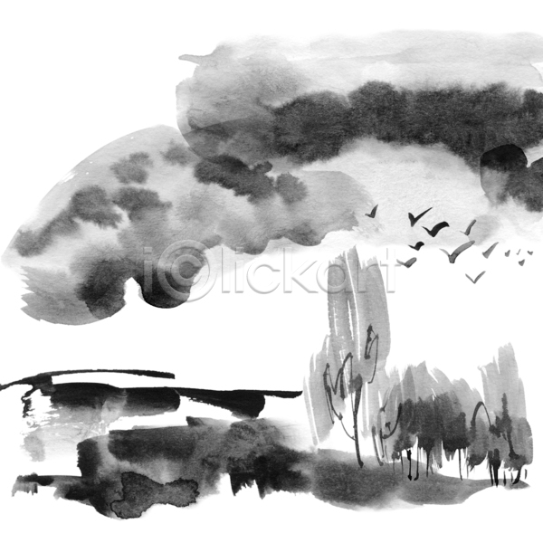 사람없음 JPG 포토 해외이미지 검은색 나무 동양화 번짐 붓터치 새떼 수묵화 풍경(경치)