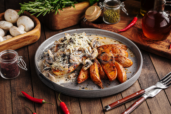사람없음 JPG 포토 해외이미지 나무배경 닭고기요리 서양음식 실내 웨지감자 접시