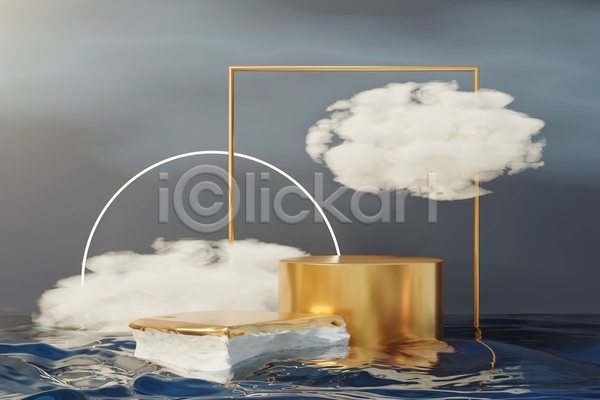 사람없음 3D JPG 포토 해외이미지 구름(자연) 금색 단상 디자인 목업 무대 백그라운드 사각프레임 세트 수면 아치 오브젝트 장식 추상 컨셉 포디움 회색