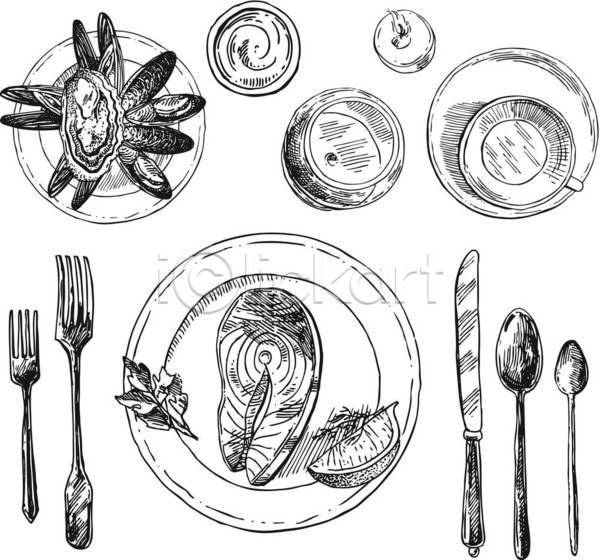 사람없음 EPS 일러스트 해외이미지 그림 생선요리 숟가락 스케치 식기 식사 접시 칼 포크