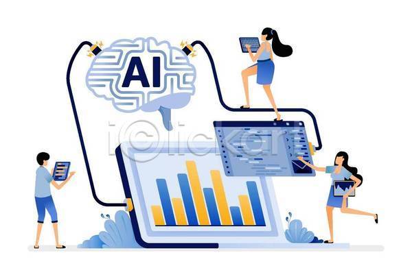 성장 남자 성인 성인만 여자 EPS 일러스트 해외이미지 AI(인공지능) 교육 그래프 넣기 뇌 들기 연결 자료 태블릿 통계 파란색 프로그래밍 학습
