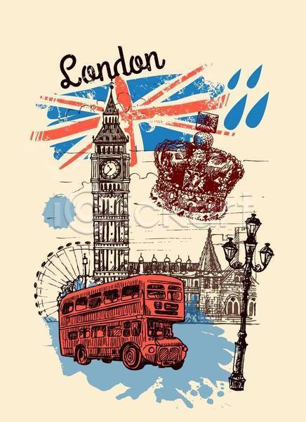 사람없음 EPS 일러스트 해외이미지 가로등 구시가지 디자인 랜드마크 런던 빅벤 스케치 여행 영국 왕관 이층버스