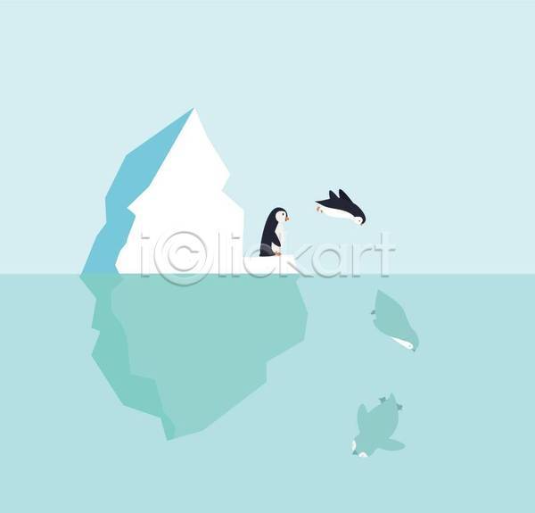 귀여움 사람없음 EPS 일러스트 해외이미지 남극 다이빙 빙하 수영 여러마리 펭귄 펭귄캐릭터 하늘색