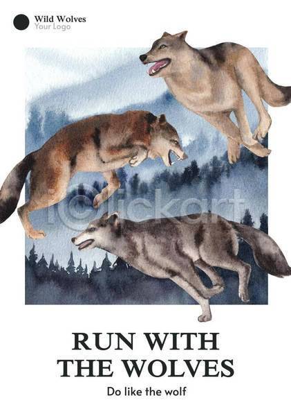 사람없음 EPS 일러스트 해외이미지 갈색 남색 늑대 달리기 산 세마리 야생동물 위협 포스터