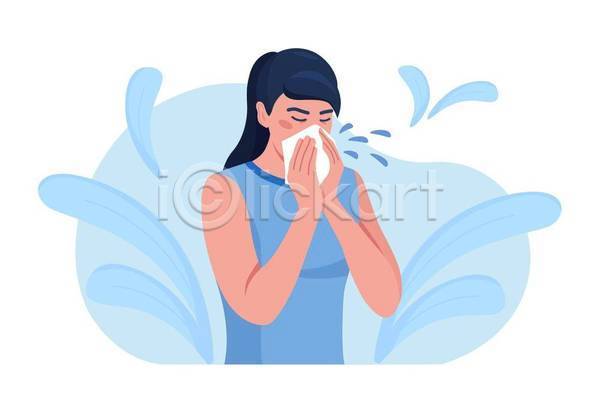 성인 성인여자한명만 여자 한명 EPS 일러스트 해외이미지 건강 건강관리 상반신 의학 잎 코감기 코풀기 하늘색 화장지