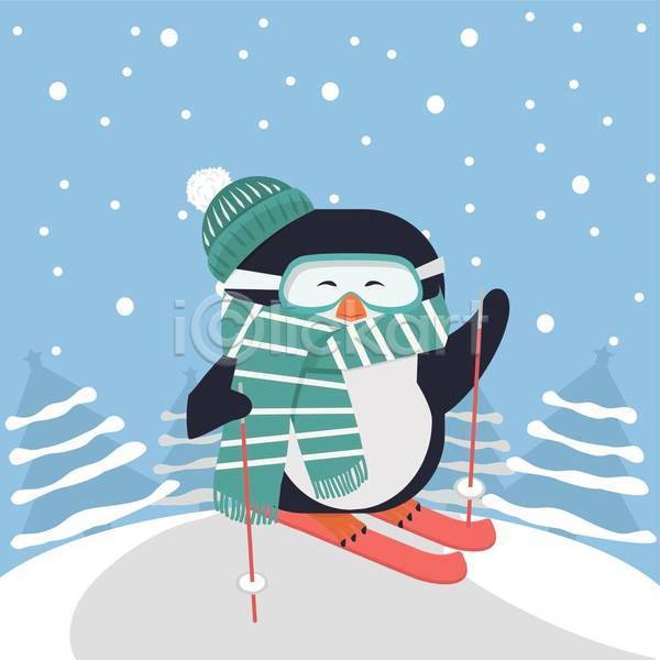 귀여움 사람없음 EPS 일러스트 해외이미지 고글 나무 남극 눈(날씨) 들기 목도리 비니 스키 펭귄 펭귄캐릭터 폴 한마리