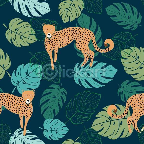 시원함 사람없음 EPS 일러스트 해외이미지 남색 라인아트 백그라운드 세마리 여름(계절) 열대잎 초록색 치타 패턴 패턴백그라운드