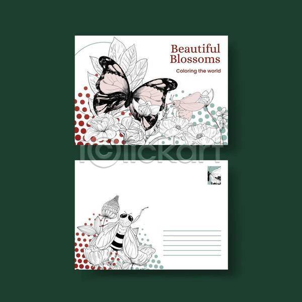 EPS 일러스트 해외이미지 꽃 나비 디자인 라인아트 물방울무늬 벌(곤충) 분홍색 세마리 잎 카드(감사)
