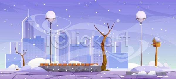 추위 사람없음 EPS 일러스트 해외이미지 가로등 건물 겨울 나무 눈(날씨) 백그라운드 벤치 빌딩 풍경(경치)