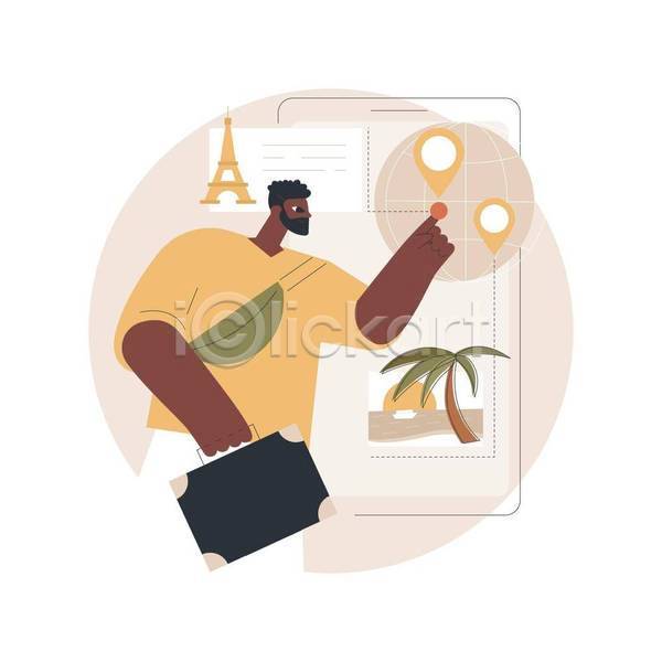남자 성인 성인남자한명만 한명 EPS 일러스트 해외이미지 가리킴 가방 가이드 들기 스마트폰 야자수 에펠탑 여행 지구본 태양 해변
