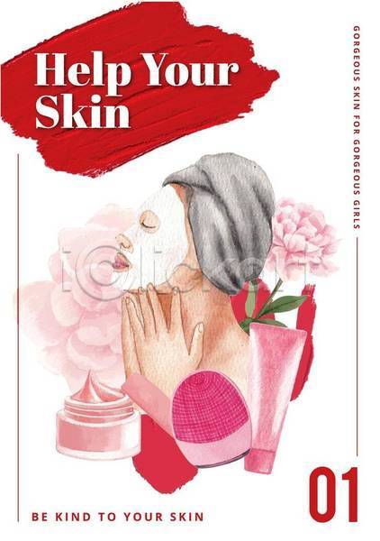 성인 성인여자한명만 여자 한명 EPS 일러스트 해외이미지 꽃 로션 마스크팩 빨간색 상반신 샴푸 스킨케어 스파 포스터 피부 향수