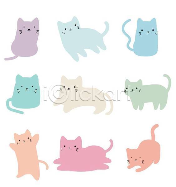 사람없음 EPS 일러스트 해외이미지 고양이 고양이캐릭터 디자인 반려동물 세트 여러마리 컬러풀