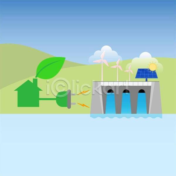 사람없음 EPS 일러스트 해외이미지 구름(자연) 그린에너지 댐 수력에너지 잎 전기에너지 집모양 집열판 태양에너지 풍력에너지 플러그
