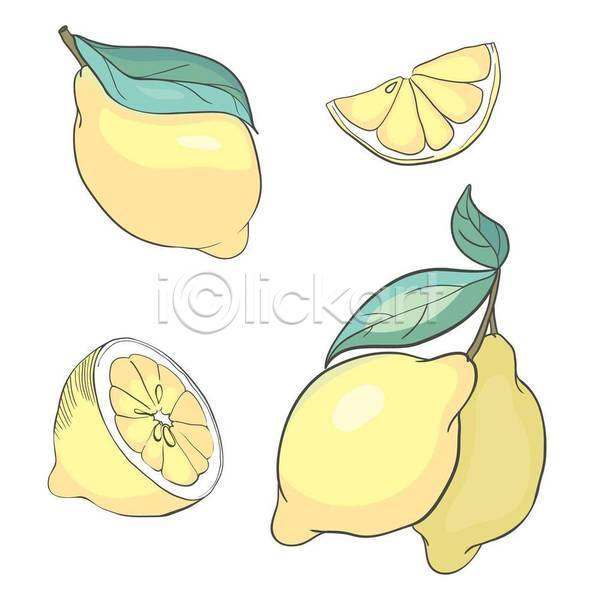 사람없음 EPS 일러스트 해외이미지 그림 노란색 단면 레몬 세트 잎