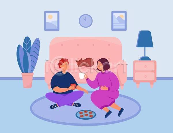 남자 두명 성인 성인만 여자 EPS 일러스트 해외이미지 가족 고양이 들기 부부 소파 앉기 얼굴없음 잎 전신 컵 쿠키 파란색 한마리 화분