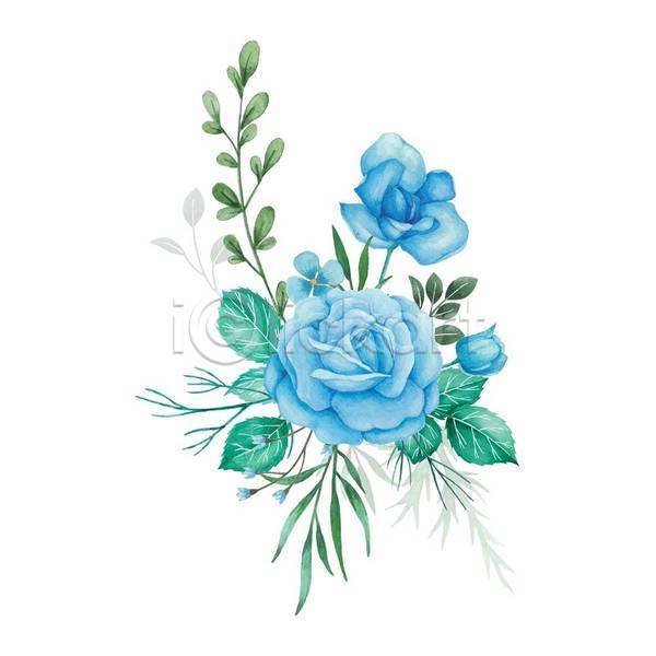 사람없음 EPS 일러스트 해외이미지 그림 꽃 손그림 수채화(물감) 잎 장미 하늘색