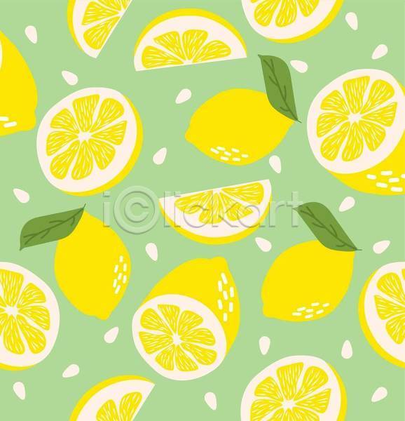 사람없음 EPS 일러스트 해외이미지 노란색 단면 디자인 레몬 씨앗 연두색 잎 조각 패턴 패턴백그라운드