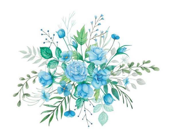 사람없음 EPS 일러스트 해외이미지 그림 꽃 손그림 수채화(물감) 잎 장미 풀(식물) 하늘색