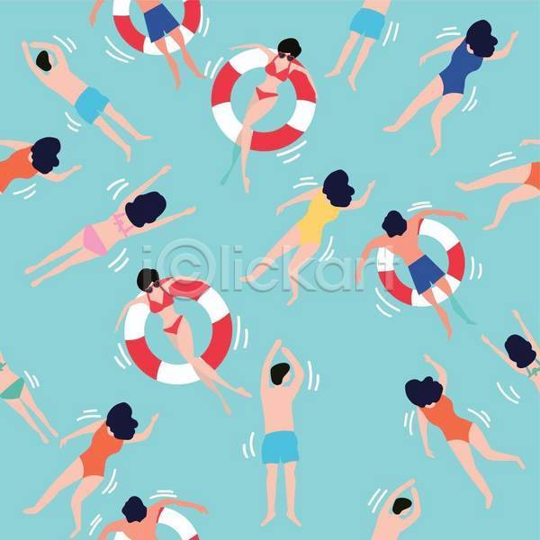 시원함 남자 성인 성인만 여자 EPS 일러스트 해외이미지 백그라운드 상반신 수영 수영복 여름(계절) 전신 튜브 패턴 패턴백그라운드 하늘색 하반신
