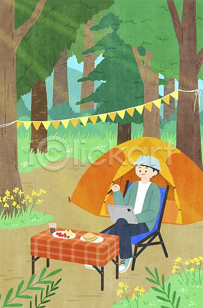 여유 휴식 남자 성인 성인남자한명만 한명 PSD 일러스트 가랜드 꽃 나무 들기 바캉스 숲속 앉기 야외테이블 업무 워케이션 전신 캠핑 캠핑의자 캠핑장 커피 태블릿 텐트 펜 프리랜서 휴가