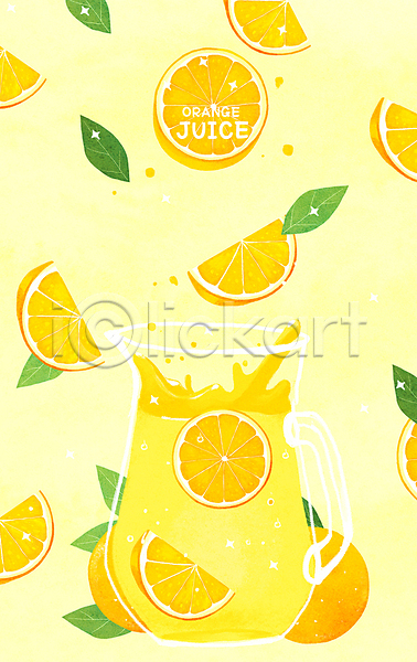 사람없음 PSD 일러스트 노란색 여름(계절) 여름음식 오렌지 오렌지조각 오렌지주스 잎 잔 주스 튀는물