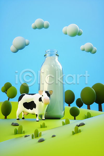 사람없음 3D PSD 디지털합성 편집이미지 3D소스 구름(자연) 나무 농장 돌(바위) 얼룩소 우유 우유병 젖소 초원(자연) 편집 편집소스 풀(식물) 한마리