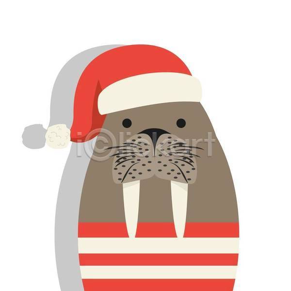 사람없음 EPS 일러스트 해외이미지 바다코끼리 산타모자 크리스마스 한마리