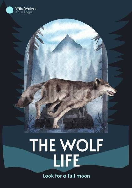 사람없음 EPS 일러스트 해외이미지 나무 남색 늑대 달리기 산 포스터 한마리